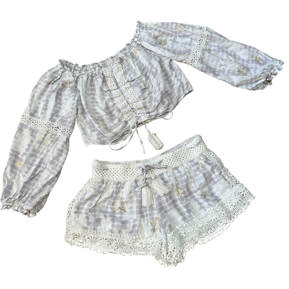 Surf Gypsy Baby Doll Top Short Set S/M Crochet Tie Dye Stars‎ Lavender White